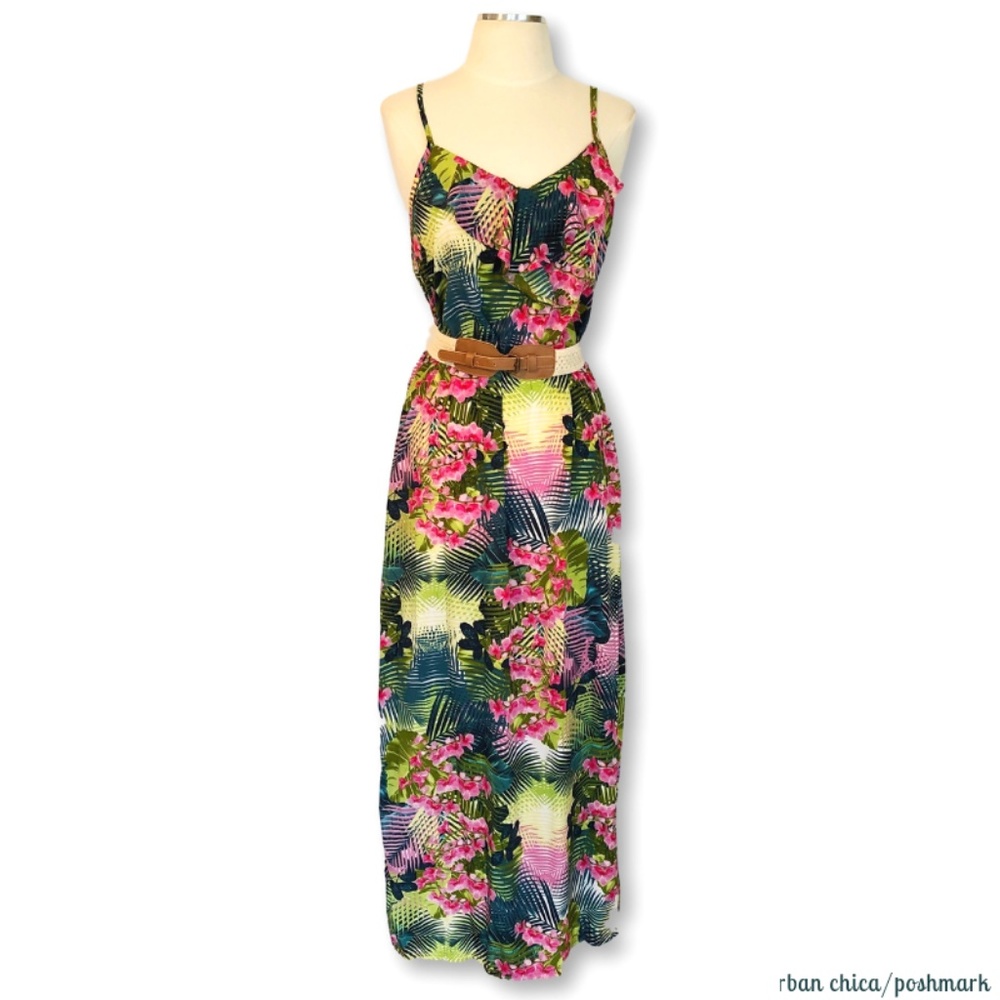 ATTENTION Tropical Floral Print Belted Maxi Dress